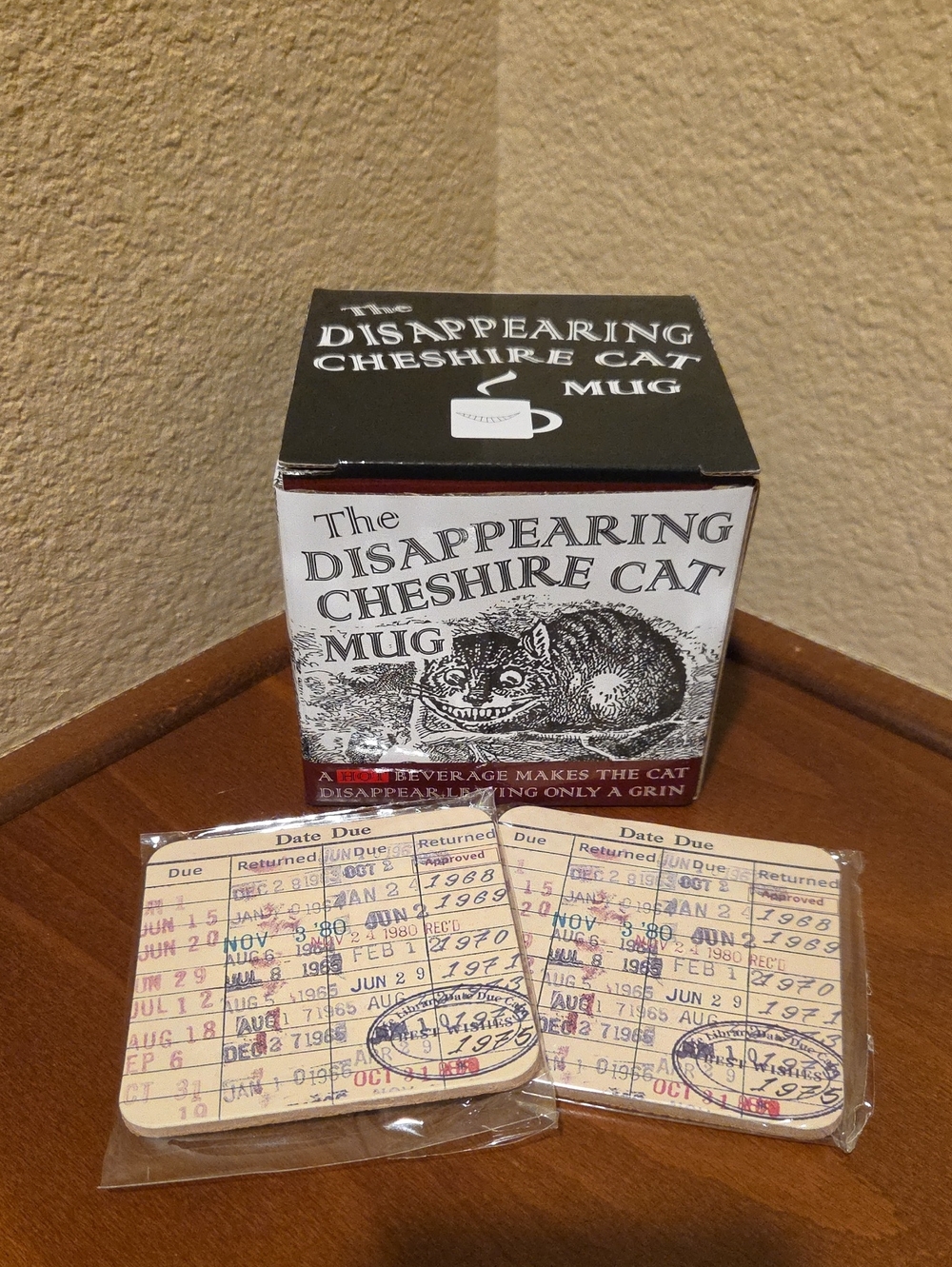 The Disappearing Cheshire Cat Mug and 2 Library Coasters